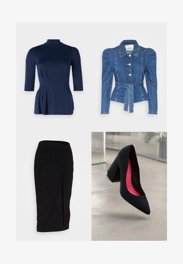 Giacca in denim con vita cintrata, corpino aderente e spalle imbottite. Colore blu medio, design strutturato e chiusura frontale con bottoni.; Top blu navy con scollatura alta e maniche a tre quarti. Presenta dettagli di pieghe laterali e una texture di tessuto morbido e elastico.; Gonna a tubino nera, arricciata, con dettaglio a fiocco e uno spacco laterale. Realizzata in un tessuto elasticizzato, presenta una texture liscia e un design aderente.; Scarpa nera con tacco alto, punta affilata e tomaia texture. Interno con fodera rosa acceso. Tacco quadrato con accento metallico alla base.