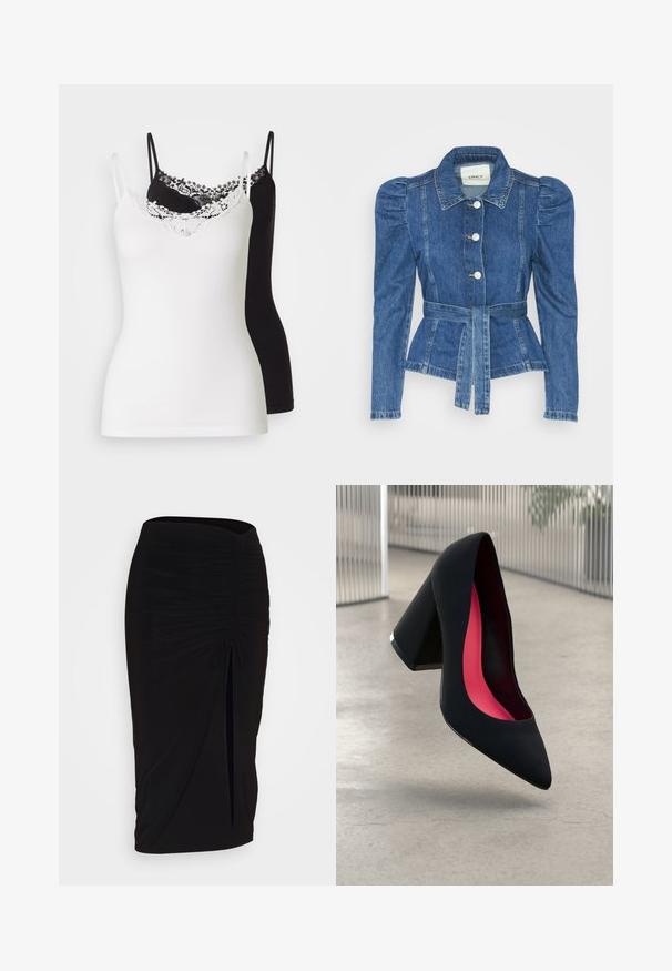 Giacca in denim con vita cintrata, corpino aderente e spalle imbottite. Colore blu medio, design strutturato e chiusura frontale con bottoni.; Due top, uno bianco e uno nero, con spalline regolabili. Il top bianco presenta un bordo in pizzo lungo il scollo. Texture liscia.; Gonna a tubino nera, arricciata, con dettaglio a fiocco e uno spacco laterale. Realizzata in un tessuto elasticizzato, presenta una texture liscia e un design aderente.; Scarpa nera con tacco alto, punta affilata e tomaia texture. Interno con fodera rosa acceso. Tacco quadrato con accento metallico alla base.