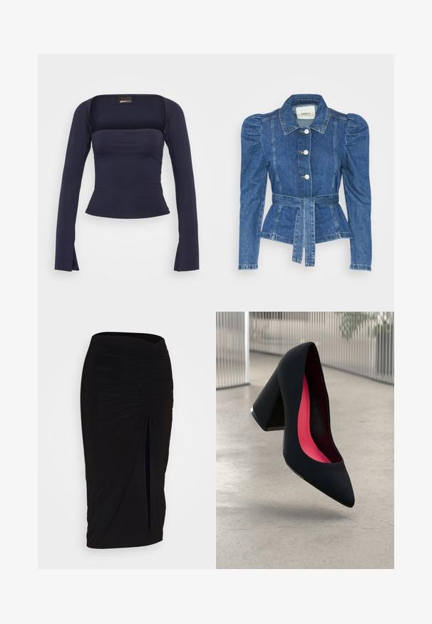 Casaco de ganga com cintura ajustada, corpete justo e ombros bufantes. Cor azul média, design estruturado e fecho frontal por botões.; Gina Tricot SOFT TOUCH SQUARE NECK TOP - Camisola de manga comprida - black iris; Saia lápis preta, franzida, com detalhe de laço e uma fenda lateral. Feita de um tecido elástico, apresenta uma textura suave e um design justo ao corpo.; Sapato de salto alto preto com bico puntiagudo, superfície texturizada e um interior vibrante em rosa. Apresenta um salto grosso com detalhe em prata.