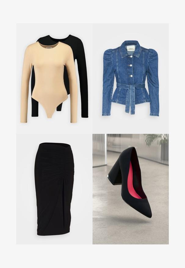 Jeansjakke med belte i midjen, tettsittende midje og puffede skuldre. Medium blå farge, strukturert design og frontknapper.; To langeermede bodysuits: en beige med glat tekstur og rund halsudskæring, den anden sort. Begge har et fitted design og tangaudskæring.; Svart, rynket blyantskjørt med knyting og sidelits. Laget av et elastisk stoff, med en glatt tekstur og en kroppsnær passform.; Svart høye hæler med spiss tå, teksturert overflate og en livlig rosa innside. Har en kraftig hæl med sølvdetaljer.
