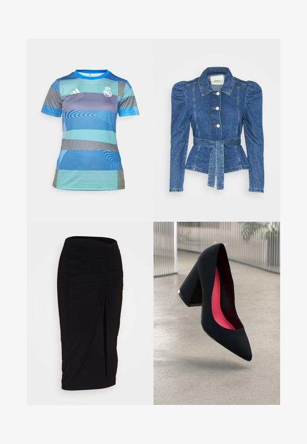 Denimjakke med beltedal, tætsiddende liv og puffede skuldre. Mellemblå farve, struktureret design og frontknaplukninger.; Blå- og grøn-mønstret sportsjersey med korte ærmer, rund halsudskæring og det broderede klublogo på brystet.; Sort, rynket blyantskørt med bindebånd og en sidelæg. Fremstillet af et strækbart stof, der har en glat overflade og en tætsiddende pasform.; Sort højhælet sko med spids tå, struktureret overflade og et livligt pink interiør. Har en kraftig hæl med sølvdetaljer.