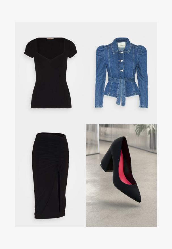 Denimjakke med beltedal, tætsiddende liv og puffede skuldre. Mellemblå farve, struktureret design og frontknaplukninger.; Sort ribbet kortærmet top med en dyb firkantet udskæring og tætsiddende silhuet. Har en glat tekstur og minimale designdetaljer.; Sort, rynket blyantskørt med bindebånd og en sidelæg. Fremstillet af et strækbart stof, der har en glat overflade og en tætsiddende pasform.; Sort højhælet sko med spids tå, struktureret overflade og et livligt pink interiør. Har en kraftig hæl med sølvdetaljer.