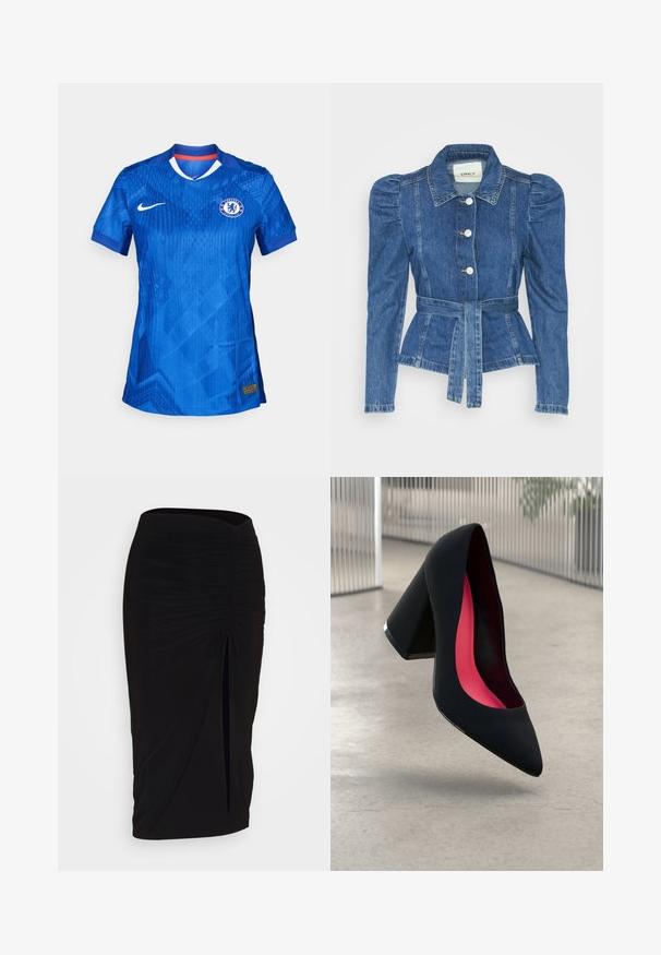 Giacca in denim con vita cintrata, corpino aderente e spalle imbottite. Colore blu medio, design strutturato e chiusura frontale con bottoni.; Maglia del Chelsea Football Club di un blu vivace, con un sottile motivo geometrico, colletto bianco e logo Nike sul davanti.; Gonna a tubino nera, arricciata, con dettaglio a fiocco e uno spacco laterale. Realizzata in un tessuto elasticizzato, presenta una texture liscia e un design aderente.; Scarpa con tacco alto nera, con punta affusolata, superficie testurizzata e un vivace interno rosa. Presenta un tacco spesso con un accento argentato.