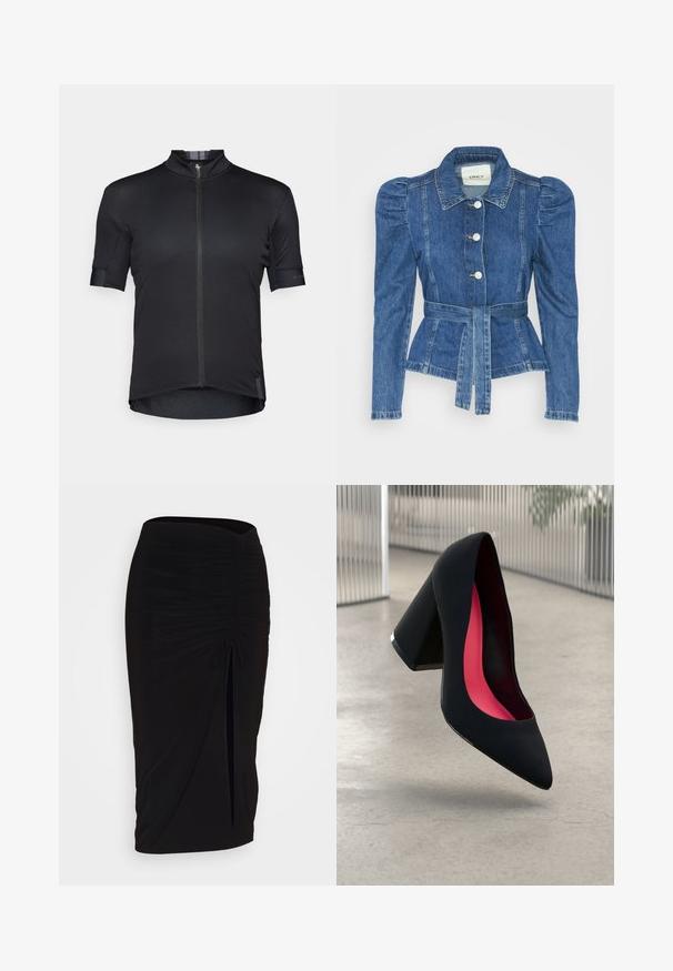 Denim jacket with a belted waist, fitted bodice, and puffed shoulders. Medium blue color, structured design, and front button closures.; Black short-sleeve cycling jersey with a high collar, front zipper, and subtle textured fabric. Features reinforced stitching and a curved hem.; Black, ruched pencil skirt with tie detail and a side slit. Made from a stretchy fabric, featuring a smooth texture and form-fitting design.; Black high heel shoe with a pointed toe, textured surface, and a vibrant pink interior. Features a chunky heel with silver accent.