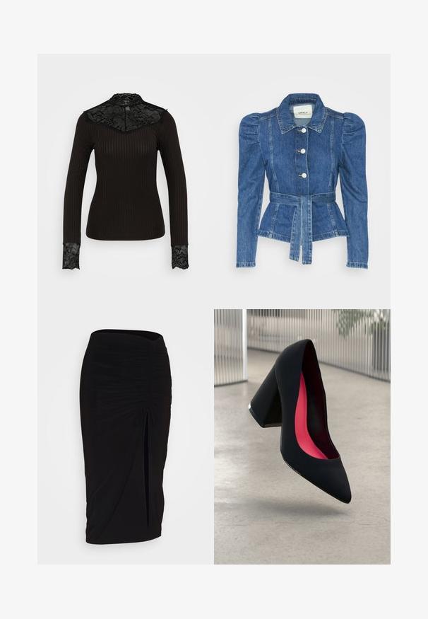 Jeansjakke med belte i midjen, tettsittende midje og puffede skuldre. Medium blå farge, strukturert design og frontknapper.; Svart ribbestrikket langermet topp med blonder detaljer ved utringningen og mansjettene. Har høy krage og tettsittende design.; Svart, rynket blyantskjørt med knyting og sidelits. Laget av et elastisk stoff, med en glatt tekstur og en kroppsnær passform.; Svart høye hæler med spiss tå, teksturert overflate og en livlig rosa innside. Har en kraftig hæl med sølvdetaljer.