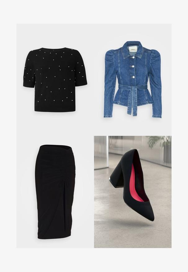 Jeansjacke mit tailliertem Schnitt, fitted Oberteil und gepufften Schultern. Mittelblaue Farbe, strukturierte Form und Frontknopfverschlüsse.; Schwarzer Kurzarmpullover mit runder Ausschnittlinie und verstreuten weißen Perlendetails auf der Vorderseite. Strickstoff mit glatter Textur.; Schwarzer, geraffter Bleistiftrock mit Bindegürtel und seitlichem Schlitz. Hergestellt aus einem dehnbaren Stoff, mit glatter Textur und figurschmeichelndem Design.; Schwarzer High Heel Schuh mit spitzer Zehe, strukturiertem Obermaterial und lebhaftem pinken Innenraum. Verfügt über einen dicken Absatz mit silberner Akzentuierung.