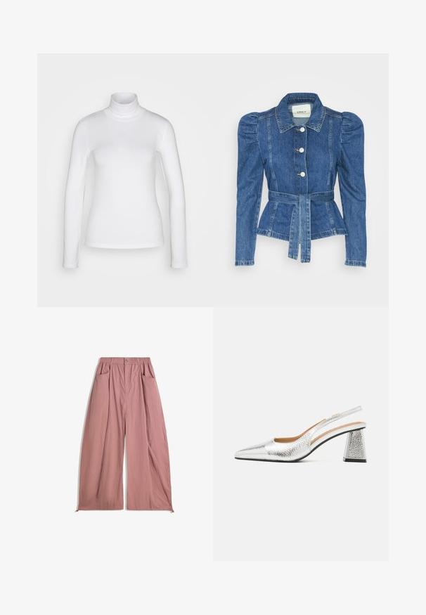 Denimjakke med beltedal, tætsiddende liv og puffede skuldre. Mellemblå farve, struktureret design og frontknaplukninger.; Hvid langærmet mærket skjorte lavet af et glat, strækbart stof. Har en tætsiddende pasform og en høj krave. Ingen synlige mønstre eller detaljer.; Løs pasform, højtsiddende bukser i blød rosa stof. Har elastisk talje, to sidelommer og en glat, struktureret overflade.; Sølv slingback stiletto med spids tå, teksturelt metallic finish og en triangulær blokhæle. Indersiden har brune læderdetaljer.