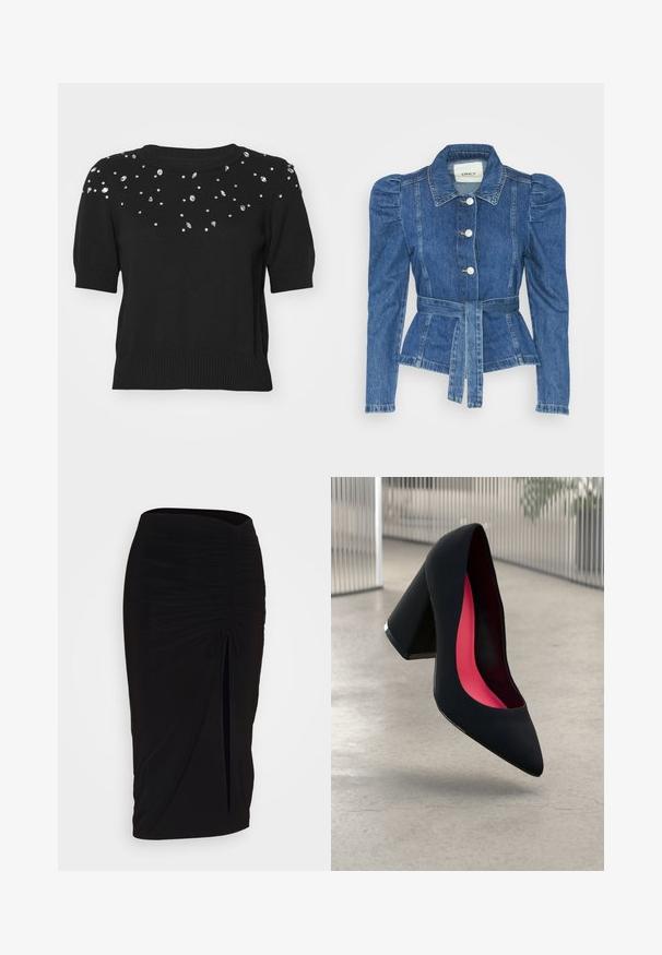 Jeansjakke med belte i midjen, tettsittende midje og puffede skuldre. Medium blå farge, strukturert design og frontknapper.; Svart genser med korte ermer, prydet med spredte sølvfargede rhinestones på brystet og de øvre ermene. Ribbestrikket halslinning og kant.; Svart, rynket blyantskjørt med knyting og sidelits. Laget av et elastisk stoff, med en glatt tekstur og en kroppsnær passform.; Svart høye hæler med spiss tå, teksturert overflate og en livlig rosa innside. Har en kraftig hæl med sølvdetaljer.