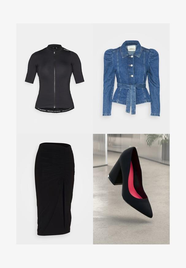 Džinsu jaka ar jostas vidukli, pieguļošu augšdaļu un pūšām plecu daļām. Vidēji zila krāsa, strukturēts dizains un priekšējie pogu aizdarījumi.; Melna krekla velo sportam ar īsām piedurknēm, kas aprīkots ar priekšējo rāvējslēdzēju, augstu apkakli un ar zīmola joslu apakšējā malā. Gluda, viegla auduma.; Melna, ručām veidota zīda svārku ar saišu detaļu un sānu izgriezumu. Izgatavota no elastīga auduma, ar gludu tekstūru un pieguļošu dizainu.; Melna augsta papēža kurpe ar smailu purngalu, teksturētu virsmu un dzīvespriecīgu rozā interjeru. Satur masīlu papēdi ar sudraba akcentu.