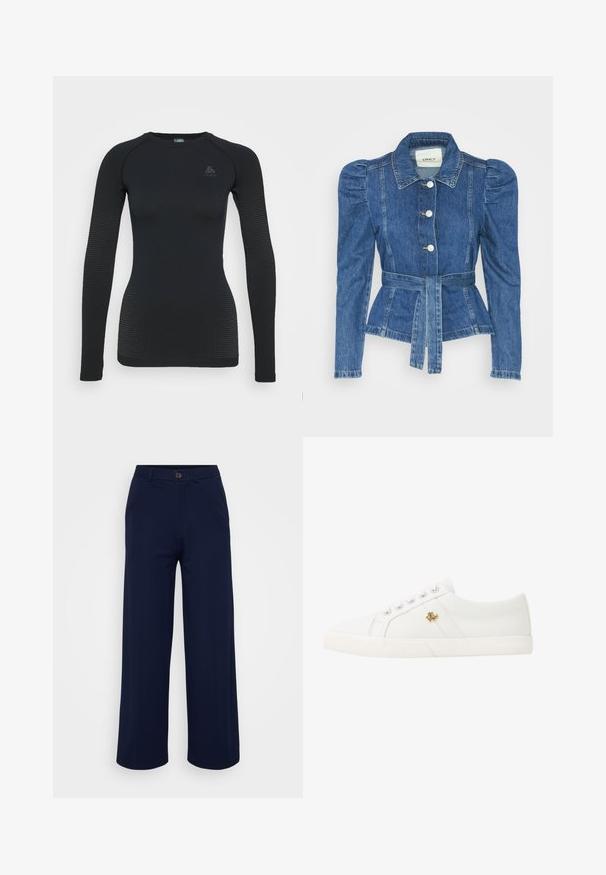 Jachetă din denim cu talie cu curea, bust ajustat și umeri bufanți. Culoare albastră medie, design structurat și închidere cu nasturi în față.; Cămașă lungă cu mânecă neagră, cu un design ajustat, panouri laterale texturate, decolteu rotund și un logo subtil pe piept.; Even&Odd Petite Pantaloni - dark blue; Lauren Ralph Lauren JANSON II CANVAS SNEAKER - Sneakers low - optic white