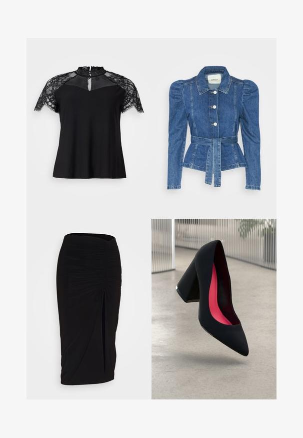 Džinsu jaka ar jostas vidukli, pieguļošu augšdaļu un pūšām plecu daļām. Vidēji zila krāsa, strukturēts dizains un priekšējie pogu aizdarījumi.; Melnā blūze ar augstu mežģīņu apkakli un īsām mežģīņu piedurknēm, ar atslēgvietu dekoltē un gludas auduma korpusu.; Melna, ručām veidota zīda svārku ar saišu detaļu un sānu izgriezumu. Izgatavota no elastīga auduma, ar gludu tekstūru un pieguļošu dizainu.; Melna augsta papēža kurpe ar smailu purngalu, teksturētu virsmu un dzīvespriecīgu rozā interjeru. Satur masīlu papēdi ar sudraba akcentu.