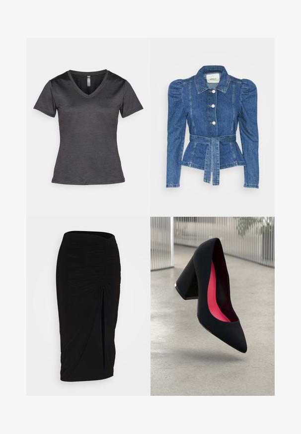 Džínová bunda s opaskom v páse, priliehavým telom a vypúknutými ramenami. Stredne modrá farba, štruktúrovaný dizajn a predné gombíkové zapínanie.; Tmavohnedé tričko s véčkovým výstrihom a krátkymi rukávmi, vyrobené z hladkej látky. Obsahuje nenápadné logo na hrudi a má úzky strih.; Čierna, riasená ceruzková sukňa s viazaním a bočným rozparkom. Vyrobená z elastického materiálu, s hladkou textúrou a priliehavým dizajnom.; Čierna lodička na vysokom opätku s špicatou špičkou, štruktúrovaným povrchom a živým ružovým interiérom. Obsahuje robustný opätok so strieborným akcentom.