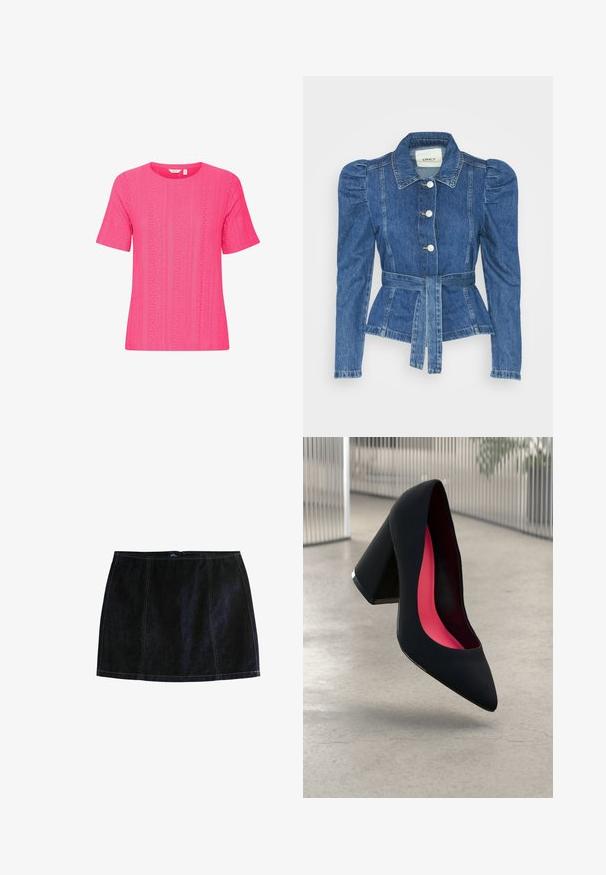 Jeansjacke mit tailliertem Schnitt, fitted Oberteil und gepufften Schultern. Mittelblaue Farbe, strukturierte Form und Frontknopfverschlüsse.; Kurzärmliges, rundhalsiges pinkes Oberteil aus strukturiertem Stoff mit einem Muster aus vertikalen Streifen und Lochdetails.; Dunkelblaue Denim-Minirock, mit kontrastierendem gelben Nähten, einer figurbetonten Silhouette und einem Reißverschluss. Klassisches Fünf-Taschen-Design.; Schwarzer High Heel Schuh mit spitzer Zehe, strukturiertem Obermaterial und lebhaftem pinken Innenraum. Verfügt über einen dicken Absatz mit silberner Akzentuierung.