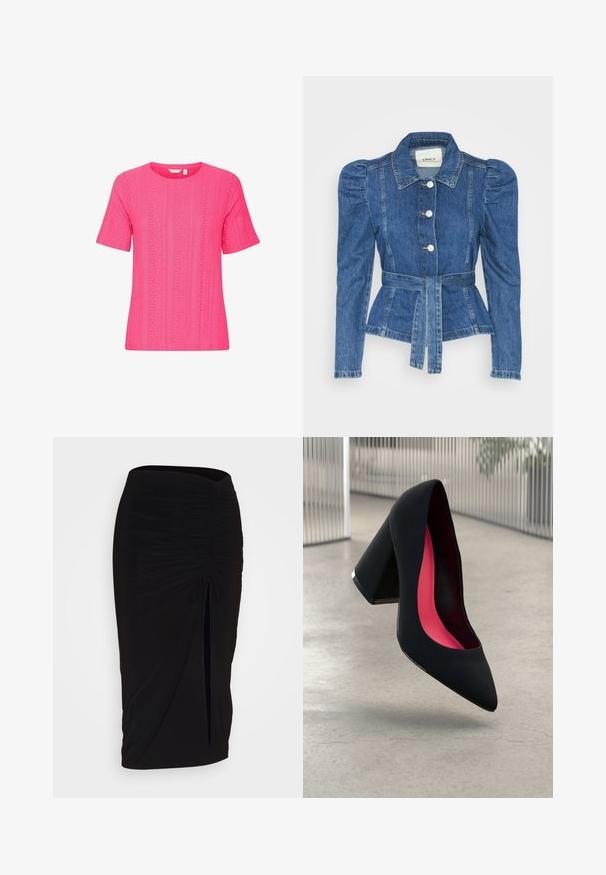 Jeansjacke mit tailliertem Schnitt, fitted Oberteil und gepufften Schultern. Mittelblaue Farbe, strukturierte Form und Frontknopfverschlüsse.; Kurzärmliges, rundhalsiges pinkes Oberteil aus strukturiertem Stoff mit einem Muster aus vertikalen Streifen und Lochdetails.; Schwarzer, geraffter Bleistiftrock mit Bindegürtel und seitlichem Schlitz. Hergestellt aus einem dehnbaren Stoff, mit glatter Textur und figurschmeichelndem Design.; Schwarzer High Heel Schuh mit spitzer Zehe, strukturiertem Obermaterial und lebhaftem pinken Innenraum. Verfügt über einen dicken Absatz mit silberner Akzentuierung.