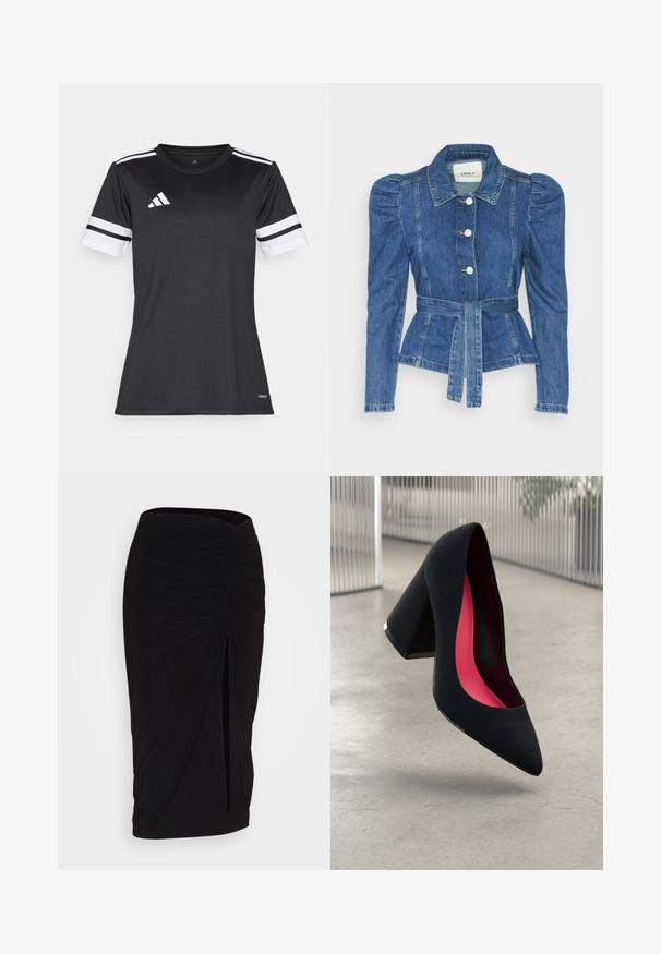 Riposso takki, jossa on vyöllinen vyötärö, istuva vartalo ja puffatut olkapäät. Keskisininen väri, rakenteellinen muotoilu ja etupainetut napit.; Musta urheilupaita, jossa on valkoisia yksityiskohtia ja kolme vaakasuoraa raitaa hihoissa. Valmistettu kosteutta siirtävästä kankaasta, suunniteltu urheilukäyttöön.; Musta, rypytetty kynähame, jossa on solmuseikkaus ja sivurako. Valmistettu joustavasta kankaasta, joka tarjoaa sileän pinnan ja vartaloon kiinnittyvän muodon.; Musta korkokenkä, jossa on terävä kärki, teksturoitu pinta ja kirkkaan vaaleanpunainen sisus. Varustettu tukevalla kannalla, jossa on hopeinen yksityiskohta.