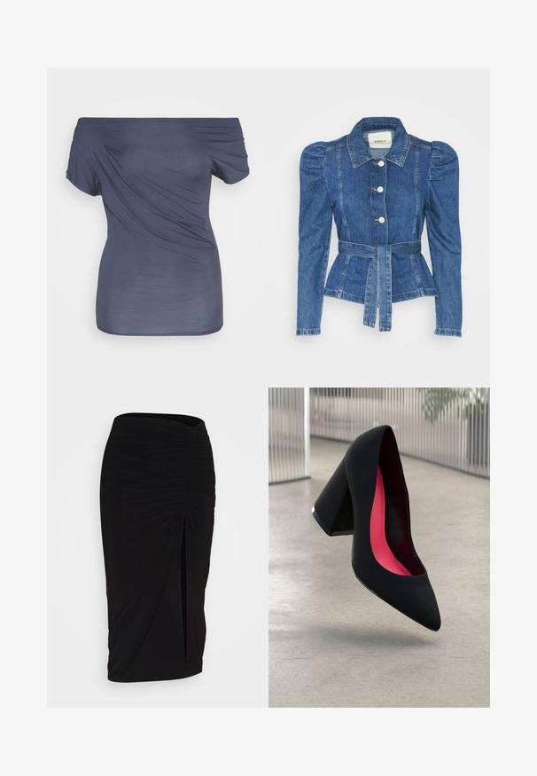 Džinsu jaka ar jostas vidukli, pieguļošu augšdaļu un pūšām plecu daļām. Vidēji zila krāsa, strukturēts dizains un priekšējie pogu aizdarījumi.; Plejais plecu, tumši jūras zils tops, kas izgatavots no mīkstas, gludas auduma. Iespējo dārza dizainu ar īsām piedurknēm un pieguļošu siluetu.; Melna, ručām veidota zīda svārku ar saišu detaļu un sānu izgriezumu. Izgatavota no elastīga auduma, ar gludu tekstūru un pieguļošu dizainu.; Melna augsta papēža kurpe ar smailu purngalu, teksturētu virsmu un dzīvespriecīgu rozā interjeru. Satur masīlu papēdi ar sudraba akcentu.