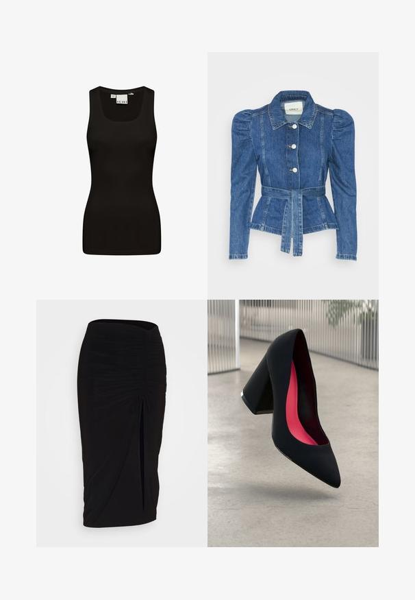 Spijkerjack met een ceintuur in de taille, een getailleerd lijfje en pofmouwen. Middelblauwe kleur, gestructureerd ontwerp en knoopsluitingen aan de voorkant.; Zwarte tanktop gemaakt van gladde, elastische stof. Heeft een ronde halslijn en brede schouderbanden, met een aangesloten, naadloze ontwerp.; Zwarte, gerimpelde kokerrok met strikdetail en een zijsplit. Gemaakt van een rekbaar stof, met een soepele textuur en een aansluitend ontwerp.; Zwarte hoge hak met een spitse neus, textuur op het oppervlak en een opvallend roze interieur. Beschikt over een chunky hak met zilveren accent.