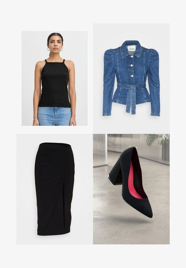 Denimiga jope, mille vöökoht on reguleeritav, kehaosa on kitsas ja õlavarred on puhvaariga. Keskmise sinise värvusega, struktureeritud disain ja ees nupulukud.; Must mustriba tank top musta värviga, kitsaste rihmade ja ruudu kujuga kaelusega, kombineeritud heledate siniste teksapükstega. Lihtne, sobiv disain.; Mustast, rikutud pliiatsiseelik sidumisdetailiga ja küljes lahtise lõhenemisega. Valmistatud venivast kangast, millel on sile tekstuur ja keha lähedane lõige.; Mustad must kõrged kontsad, terava ninaga, tekstuurse pinnaga ning erksa roosa sisemusega. Omab paksu kontsa koos hõbedase aktsendiga.