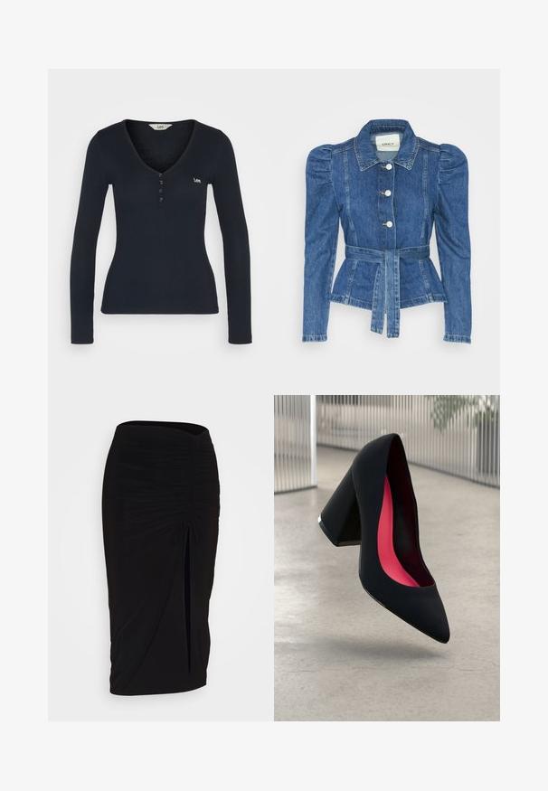 Jeansjacke mit tailliertem Schnitt, fitted Oberteil und gepufften Schultern. Mittelblaue Farbe, strukturierte Form und Frontknopfverschlüsse.; Langärmliges, navy-blaues Rippoberteil mit V-Ausschnitt, Knöpfen auf der Vorderseite und einem kleinen gestickten Logo auf der linken Brust. Weicher Stoff.; Schwarzer, geraffter Bleistiftrock mit Bindegürtel und seitlichem Schlitz. Hergestellt aus einem dehnbaren Stoff, mit glatter Textur und figurschmeichelndem Design.; Schwarzer High Heel Schuh mit spitzer Zehe, strukturiertem Obermaterial und lebhaftem pinken Innenraum. Verfügt über einen dicken Absatz mit silberner Akzentuierung.