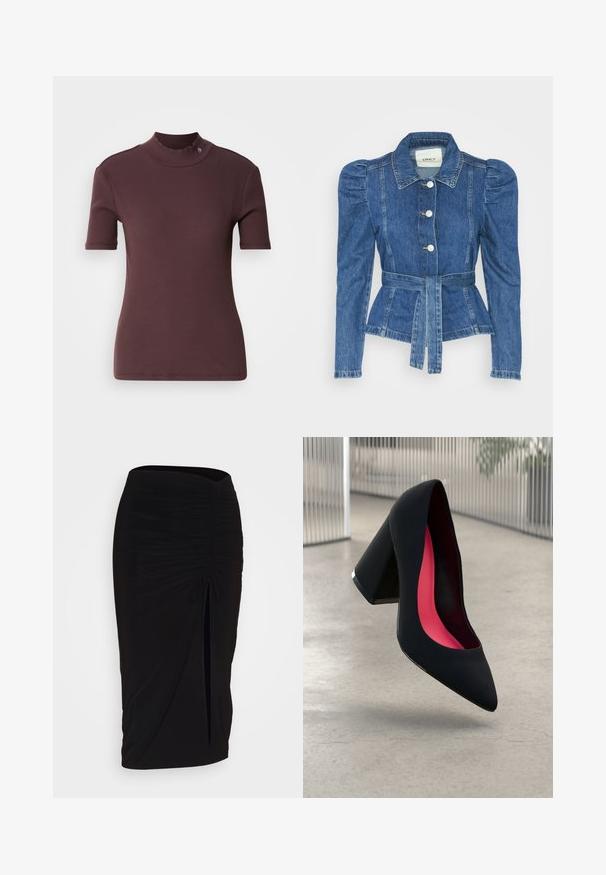 Jeansjacke mit tailliertem Schnitt, fitted Oberteil und gepufften Schultern. Mittelblaue Farbe, strukturierte Form und Frontknopfverschlüsse.; Bordeauxfarbene, gerippte Kurzarmbluse mit hohem Kragen, glatter Textur und einem dezenten Logo-Detail am Kragen.; Schwarzer, geraffter Bleistiftrock mit Bindegürtel und seitlichem Schlitz. Hergestellt aus einem dehnbaren Stoff, mit glatter Textur und figurschmeichelndem Design.; Schwarzer High-Heel-Schuh mit spitzer Kappe und strukturierter Oberseite. Innenfutter in leuchtendem Pink. Quadratischer Absatz mit metallischem Akzent an der Basis.