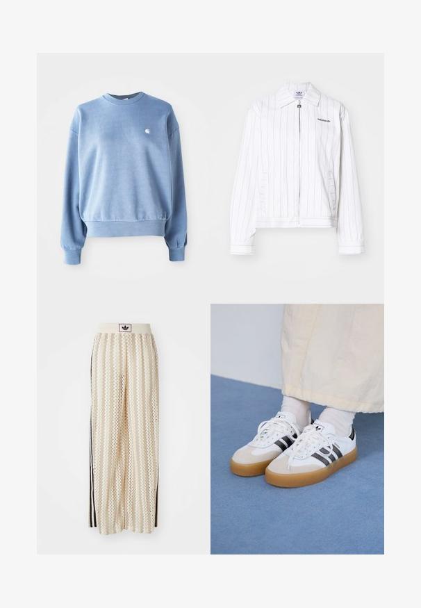 Witte zip-up jas met verticale zwarte strepen, voorzien van een puntige kraag, zijzakken, en het zwarte Adidas-logo op de borst.; Lichtblauwe crewneck sweatshirt van zachte stof, met geribde manchetten en zoom, met een klein wit logo op de borst.; Crème kleurige wijde broek met een zigzagpatroon, met een zwarte logo tailleband en zij zwarte strepen. Lichtgewicht, gestructureerde stof.; Witte sneakers met zwarte strepen en beige suède accenten. Voorzien van een gestructureerde gumzool en platte witte veters, gedragen met lichtgekleurde sokken.
