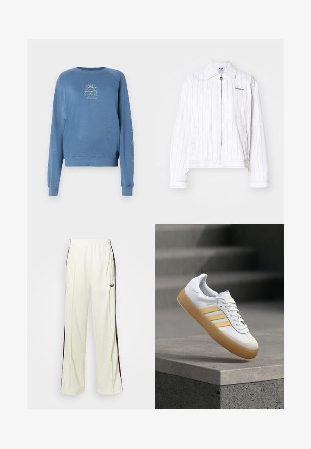 Witte zip-up jas met verticale zwarte strepen, voorzien van een puntige kraag, zijzakken, en het zwarte Adidas-logo op de borst.; Blauwe crewneck sweater gemaakt van zachte stof. Het heeft een grafisch ontwerp op de voorkant met tekst en zonmotieven op de mouwen.; Crème-kleurige sweatpants met een relaxte pasvorm, voorzien van donkerbruine zijstrepen en een geborduurd logo op de linkerdij.; Witte leren sneaker met gele accenten, drie strepen en een zool van gum rubber. Voorzien van een afgeronde neus en een getextureerde tong.