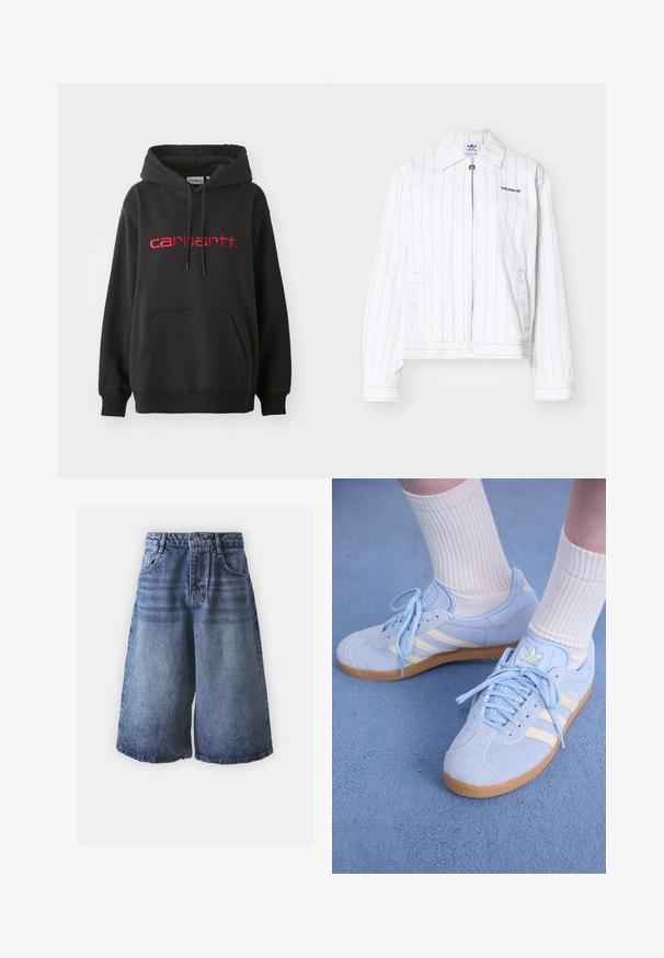 Chaqueta blanca de cremallera con rayas negras verticales, que presenta un cuello puntiagudo, bolsillos laterales y el logo de Adidas en negro en el pecho.; Sudadera negra de mezcla de algodón, con un bolsillo frontal, puños de canalé y un logotipo bordado en rojo de "carhartt" en el pecho.; Shorts de mezclilla en degradado de azul claro a oscuro con un diseño clásico de cinco bolsillos, acabados con un cierre de botón y piernas anchas.; Zapatillas de ante azul claro con rayas blancas, cordones planos y suela de goma. Se llevan calcetines blancos acanalados por encima del tobillo.