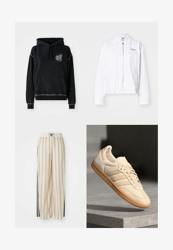 Balta užtrauktuku užsegama striukė su vertikaliomis juodomis juostelėmis, turi smailų apykaklę, šonines kišenes ir juodą Adidas logotipą ant krūtinės.; Juodas džemperis su kišene priekyje, su virvute reguliuojama kapučiui ir apvaliu baltu logotipu, kuriame parašyta "SANTA CRUZ." Švelni, šukuota tekstūra.; Grietos spalvos plačios kelnės su zigzagų raštu, turinčios juodą logotipo juostą ir šonines juodas juosteles. Lengvas, tekstūruotas audinys.; Šviesiai ruda veliūrinė sportinė avalynė su guminiais padais, trimis įstrižomis juostelėmis ir tekstūruotu pirštų apsauginiu. Ant liežuvio ir šono yra logotipas.
