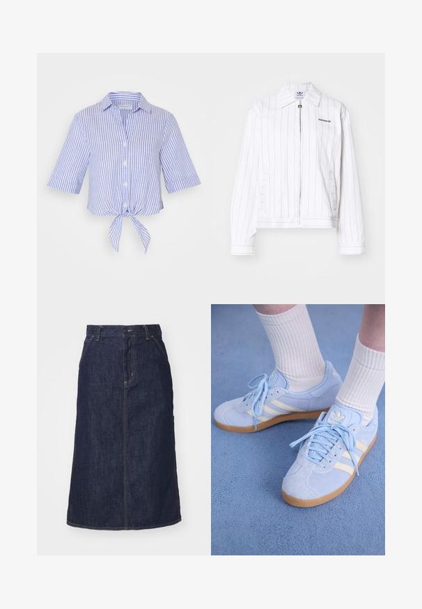 Jachetă albă cu fermoar, cu dungi verticale negre, având un guler ascuțit, buzunare laterale și sigla Adidas în negru pe piept.; Cămașă cu mânecă scurtă și guler, în dungi albastre și albe, cu detaliu de nod în față. Fabricată dintr-un material ușor, cu închidere cu butoane.; Tricou alb cu mânecă scurtă, cu guler V și detalii verzi la manșete; prezintă logo-ul "Dickies" în verde închis pe partea stângă a pieptului. Textură fină din bumbac.; Fustă din denim închis, cu talie înaltă, croi drept, buzunare frontale și cusături. Include un fermoar și un nasture la talie.; Tenisi din suede bleu deschis cu dungi albe, cu șireturi plate și talpă din cauciuc de tip gumă. Șosete albe cu model în dungi sunt purtate deasupra gleznei.
