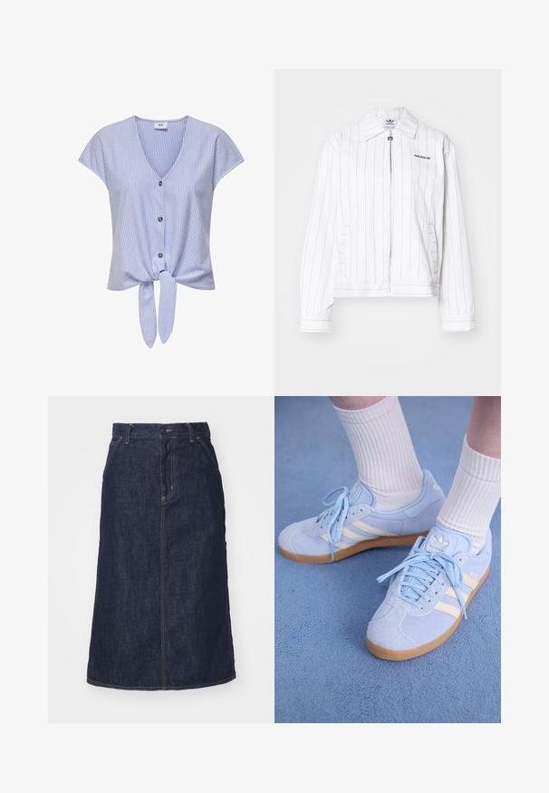 Giacca bianca con zip e strisce nere verticali, dotata di colletto a punta, tasche laterali e logo Adidas nero sul petto.; Blusa a maniche corte a righe blu e bianche, con scollo a V, chiusura con bottoni e fondo annodato, realizzata in tessuto leggero.; T-shirt bianco a maniche corte con scollatura a V verde e rifiniture delle maniche verdi; presenta il logo "Dickies" in verde scuro sul petto sinistro. Tessuto di cotone morbido.; Gonna di jeans scuro con vita alta, taglio dritto, tasche frontali e cuciture a vista. Presenta una chiusura con zip e bottone in vita.; Sneaker scamosciate azzurro chiaro con strisce bianche, lacci piatti e suola in gomma. Calze bianche a costine indossate sopra la caviglia.