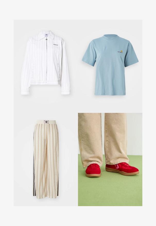 Jaqueta branca com fecho frontal e listras pretas verticais, com gola pontuda, bolsos laterais e o logótipo da Adidas em preto no peito.; T-shirt de algodão de manga curta azul claro com decote redondo e pequeno logótipo da Carhartt em amarelo e vermelho no lado esquerdo do peito.; Calças largas de cor creme com um padrão em zigzag, apresentando uma cintura com logotipo preto e riscas laterais pretas. Tecido leve e texturizado.; Sapatilhas de camurça vermelha com sola de borracha plana e detalhes em rosa, combinadas com calças largas beiges num chão verde.