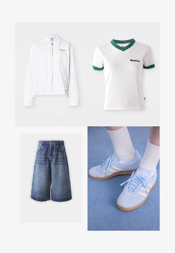 Biała kurtka zamykana na zamek z pionowymi czarnymi paskami, z charakterystycznym kołnierzem, bocznymi kieszeniami i czarnym logo Adidasa na piersi.; Biała koszulka krótki rękaw z zielonym dekoltem w serek i wykończeniami rękawów; posiada logo "Dickies" w ciemnozielonym kolorze na lewej piersi. Gładka bawełniana tekstura.; Krótkie spodenki dżinsowe w gradientzie od jasnoniebieskiego do ciemnoniebieskiego, z klasycznym pięciopakowym designem, wykończone zapięciem na guzik i szerokimi nogawkami.; Jasnoniebieskie zamszowe trampki z białymi paskami, płaskimi sznurówkami i podeszwą z gumowej gumy. Na kostkach noszone są ribbed białe skarpetki.