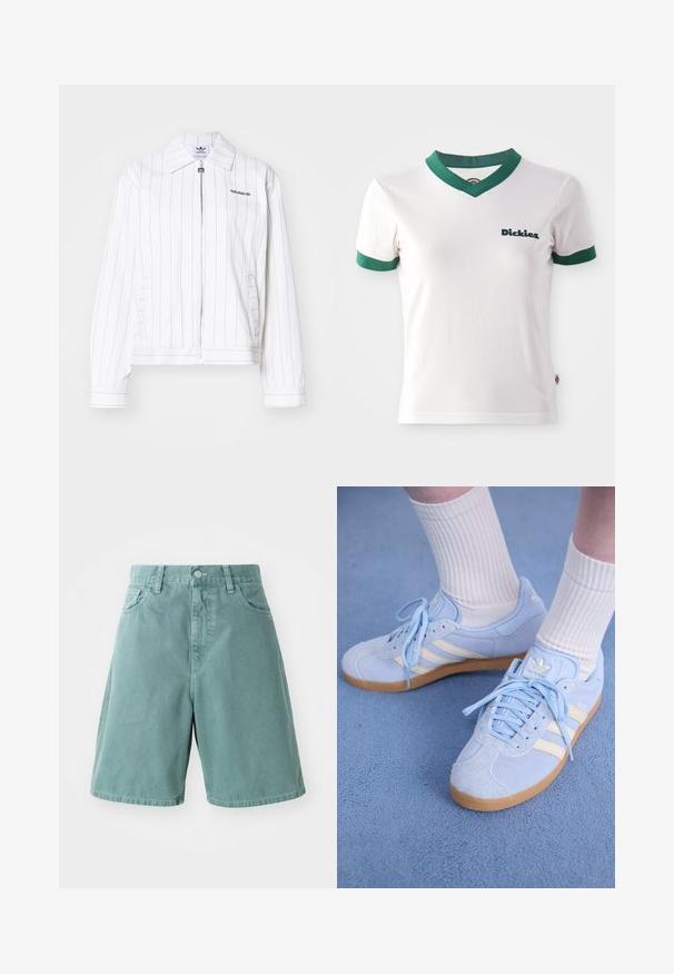 Chaqueta blanca de cremallera con rayas negras verticales, que presenta un cuello puntiagudo, bolsillos laterales y el logo de Adidas en negro en el pecho.; Camiseta de algodón blanca de manga corta con cuello en V y ribetes verdes; cuenta con el logo de "Dickies" en verde oscuro en el lado izquierdo del pecho. Textura de algodón suave.; Shorts de mezclilla de algodón verde con cintura alta, que cuentan con cinco bolsillos y cierre de botón, diseñados con un corte relajado y textura suave.; Zapatillas de ante azul claro con rayas blancas, cordones planos y suela de goma. Se llevan calcetines blancos acanalados por encima del tobillo.