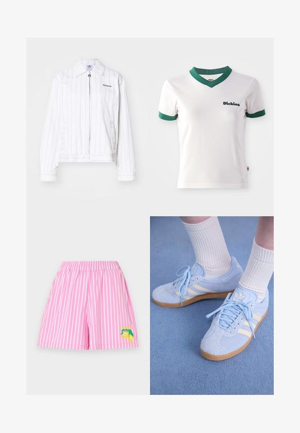 Balta užtrauktuku užsegama striukė su vertikaliomis juodomis juostelėmis, turi smailų apykaklę, šonines kišenes ir juodą Adidas logotipą ant krūtinės.; Balta trumpa rankovėmis marškinėliai su žalia V formos iškirpte ir rankovių apvadu; kairėje krūtinės pusėje yra tamsiai žalios spalvos "Dickies" logotipas. Lygi medvilnės tekstūra.; Rožiniai maudymosi šortai su baltais vertikaliais raštais, elastingu juosmeniu ir citrinos grafika su "STIEGLITZ" tekstu kairiajame šone.; Šviesiai mėlyni zomšiniai sportbačiai su baltais dryžiais, plokščiomis raištelėmis ir guminiais padais. Virš kulkšnies dėvimos raukšlėtos baltos kojinės.