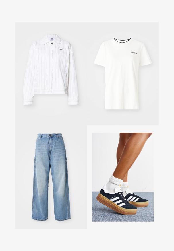 Bílá zipová bunda s vertikálními černými pruhy, s špičatým límcem, bočními kapsami a černým logem Adidas na hrudi.; Bílý bavlněný tričko s krátkými rukávy a kulatým výstřihem. Má černé logo Adidas na hrudi a kontrastní černý vnitřní límeček.; Světle modré široké džíny s vysokým pasem, s bočními kapsami a faded texturou, vyrobené z denimového materiálu.; Černé semišové tenisky s bílými pruhy a detaily, zaoblenou špičkou, podrážkou z gumy barvy žvýkačky, doplněné bílými žebrovanými ponožkami ke kotníkům.