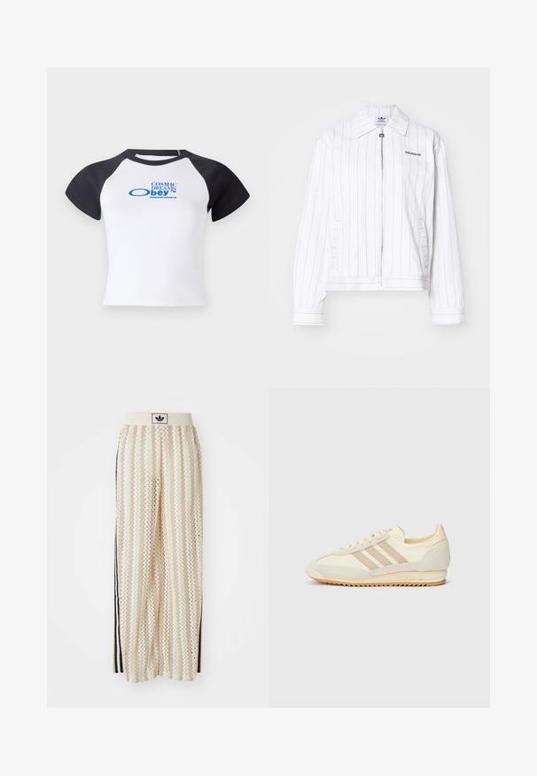 Vitt zip-up jacka med vertikala svarta ränder, med en spetsig krage, sidofickor och Adidas-logotypen i svart på bröstet.; Vit kortärmad t-shirt med svarta raglanärmar, som har en blå grafisk text "COSMIC DREAMS obey™" på framsidan.; Krämfärgade vida byxor med ett zick-zack-mönster, med en svart logoband och svarta sidostråk. Lätt och strukturerad tyg.; Krämfärgade atletiska sneakers med tre beige ränder, i mocka och textilmaterial, med en texturerad sula och präglad logotyp på hälen.