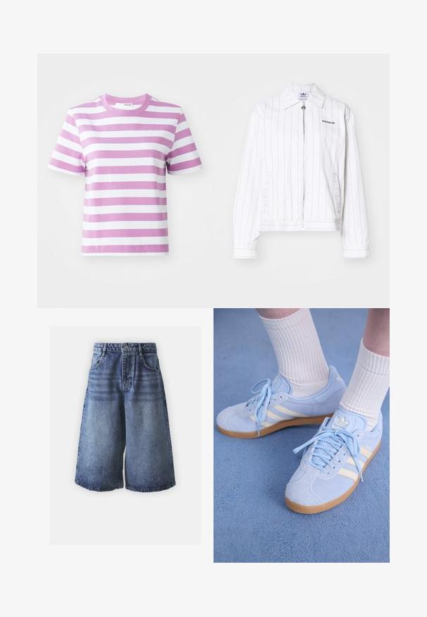 Witte zip-up jas met verticale zwarte strepen, voorzien van een puntige kraag, zijzakken, en het zwarte Adidas-logo op de borst.; Selected Femme SLFESSENTIAL STRIPED BOXY TEE - T-shirt print - first bloom; Denim shorts in een licht naar donkerblauw verloop met een klassiek vijf-pocket ontwerp, afgewerkt met een knoopsluiting en brede benen.; Lichtblauwe suède sneakers met witte strepen, platte veters en een gumrubberen zool. Geribbelde witte sokken worden boven de enkel gedragen.