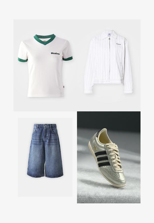 Balta užtrauktuku užsegama striukė su vertikaliomis juodomis juostelėmis, turi smailų apykaklę, šonines kišenes ir juodą Adidas logotipą ant krūtinės.; Balta trumpa rankovėmis marškinėliai su žalia V formos iškirpte ir rankovių apvadu; kairėje krūtinės pusėje yra tamsiai žalios spalvos "Dickies" logotipas. Lygi medvilnės tekstūra.; Džinsiniai šortai šviesiai mėlynos iki tamsiai mėlynos spalvos gradientu, su klasikinio penkių kišenių dizainu, uždaryti mygtukais ir plačiomis kojomis.; Šviesiai pilki odiniai sportbačiai su juodomis juostelėmis, perforuotomis detalėmis, kreminėmis raištelėmis ir auksiniu logotipo ženklu. Tekstūruotas guma padas.