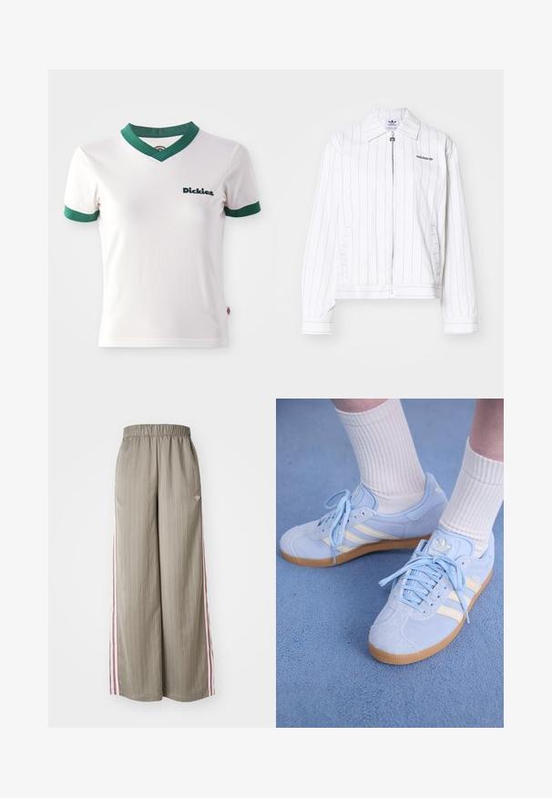 Jachetă albă cu fermoar, cu dungi verticale negre, având un guler ascuțit, buzunare laterale și sigla Adidas în negru pe piept.; Tricou alb cu mânecă scurtă, cu guler V și detalii verzi la manșete; prezintă logo-ul "Dickies" în verde închis pe partea stângă a pieptului. Textură fină din bumbac.; Pantaloni largi de culoare verde măsliniu deschis, cu dungi verticale, talie elastică și dungi laterale roz. Prezintă un logo mic pe șold.; Tenisi din suede bleu deschis cu dungi albe, cu șireturi plate și talpă din cauciuc de tip gumă. Șosete albe cu model în dungi sunt purtate deasupra gleznei.