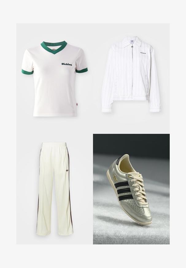 Biela zipová bunda s vertikálnymi čiernymi pruhmi, s ostrým golierom, bočnými vreckami a čiernym logom Adidas na hrudi.; Biela tričko s krátkym rukávom, s zeleným výstrihom do V a zelenými pruhmi na rukávoch; na ľavej hrudi sa nachádza logo "Dickies" v tmavozelenej farbe. Hladká bavlnená textúra.; Krémové mikinové nohavice s voľným strihom, so tmavohnedými bočnými pruhmi a vyšitým logom na ľavom stehne.; Svetlo šedé kožené tenisky s čiernymi pruhmi, perforovanými detailmi, béžovými šnúrkami a zlatou nášivkou. Textúrovaná gumová podrážka.