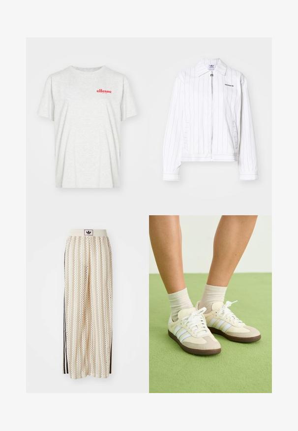 Bela zip-up jakna z vertikalnimi črnimi črtami, ki ima špičast ovratnik, stranske žepe in črni Adidasov logo na prsih.; Siva bombažna majica s kratkimi rokavi, ki ima na prsih rdeči logo "ellesse". Tkanina je mehka in ima rahlo teksturo.; Hlače širokega kroja kremne barve z zigzag vzorcem, opremljene z črnim logotipom na pasu in stranskimi črnimi črtami. Lahka, teksturirana tkanina.; Samba teniske s kremno-bež barvno shemo, ki imajo tri svetlo modre črte, bele vezalke in rjave gumijaste podplate.