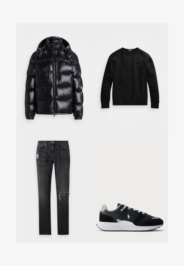 Black puffer jacket with a shiny, quilted design. Features a high collar, two zippered pockets, and a small logo on the chest.; Black long-sleeve crew neck sweatshirt with red Polo Ralph Lauren logo embroidered on the chest, laid flat on a white background.; Black denim jeans with a straight fit, featuring distressed details and a colorful patch on the front pocket.; Black and white low-top sneaker with mesh and suede upper, white laces, white sole, and a polo player logo on the side.