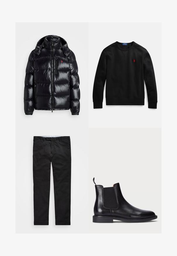 Črna puhovka z sijočim, prešitim dizajnom. Ima visok ovratnik, dve zadrževali žepki in majhen logotip na prsih.; Črni pulover z okroglim izrezom iz bombažnega materiala, z majhnim rdečim logotipom na levi strani prsi ter z rebrastimi manšetami in robom.; Črne chinos hlače s ravnimi nogavicami, narejene iz bombažne mešanice, z zadrgo, pasom za pas in stranskimi žepi. Gladka tekstura.; Črne usnjene Chelsea čevlje z elastičnimi stranskimi paneli, teksturirano površino, zaobljenim nosom in nizkim stožčastim petam. Imajo zanko za lažje obuvanje.