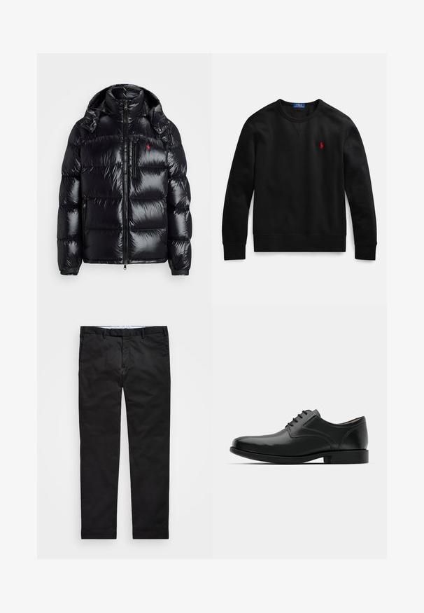 Black puffer jacket with a shiny, quilted design. Features a high collar, two zippered pockets, and a small logo on the chest.; Black crewneck sweatshirt made from cotton material, featuring a small red logo on the left chest, and ribbed cuffs and hem.; Black chinos with a straight-leg fit, made of cotton blend fabric, featuring a zip fly, belt loops, and side pockets. Smooth texture.; Black leather dress shoe with a glossy finish, rounded toe, lace-up design, contrasting stitching, and a low rubber heel.