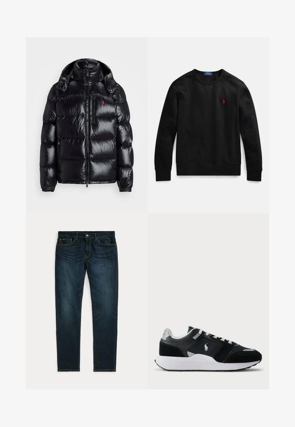 Černá péřová bunda s lesklým prošívaným designem. Obsahuje vysoký límec, dvě kapsy na zip a malé logo na hrudi.; Černá mikina s kulatým výstřihem, vyrobená z bavlněného materiálu, s malým červeným logem na levé straně hrudi a žebrovanými manžetami a lemem.; Tmavě modré džínové kalhoty s úzkým střihem. Vlastnosti zahrnují zapínání na knoflíky, pět kapes a kontrastní žluté prošití. Hladký povrch, rovné nohavice.; Černobílé nízké tenisky s vrchní částí z síťoviny a semiše, bílé tkaničky, bílá podešev a logo póla na boku.