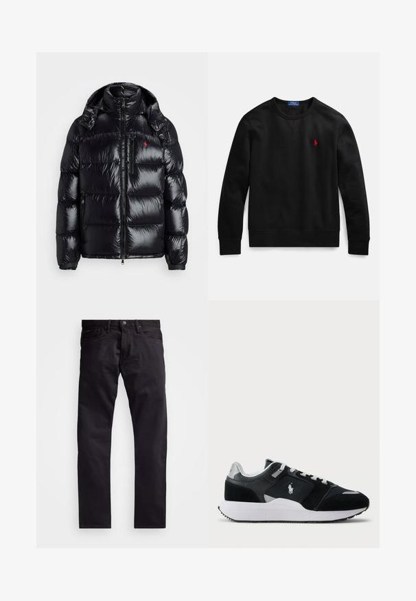 Svart puffjacka med en glänsande, quiltad design. Har en hög krage, två dragkedjefickor och en liten logotyp på bröstet.; Svart crewneck-tröja i bomullsmaterial, med en liten röd logotyp på vänster bröst samt ribbstickade muddar och fåll.; Svarta denimjeans med rak bendesign, med knapp- och dragkedjestängning, fem fickor och ett något strukturerat tyg.; Svart och vit låg sneaker med överdel i mesh och mocka, vita snören, vit sula och en polo-spelare logo på sidan.