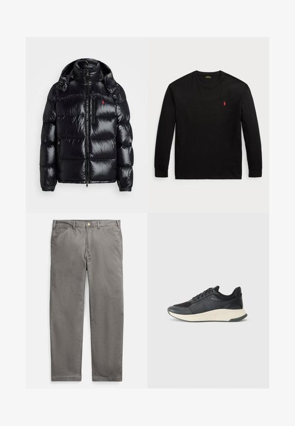 Black puffer jacket with a shiny, quilted design. Features a high collar, two zippered pockets, and a small logo on the chest.; Black long-sleeve t-shirt made of cotton. Features a crew neck, ribbed cuffs, and a small red embroidered logo on the chest. Smooth texture.; Gray cotton trousers with a straight-leg design, featuring a zipper fly and a brass button closure. Two front pockets and a smooth texture.; Black athletic sneaker featuring a mesh upper with perforations, a textured midsole in cream, and a rubber outsole for traction.