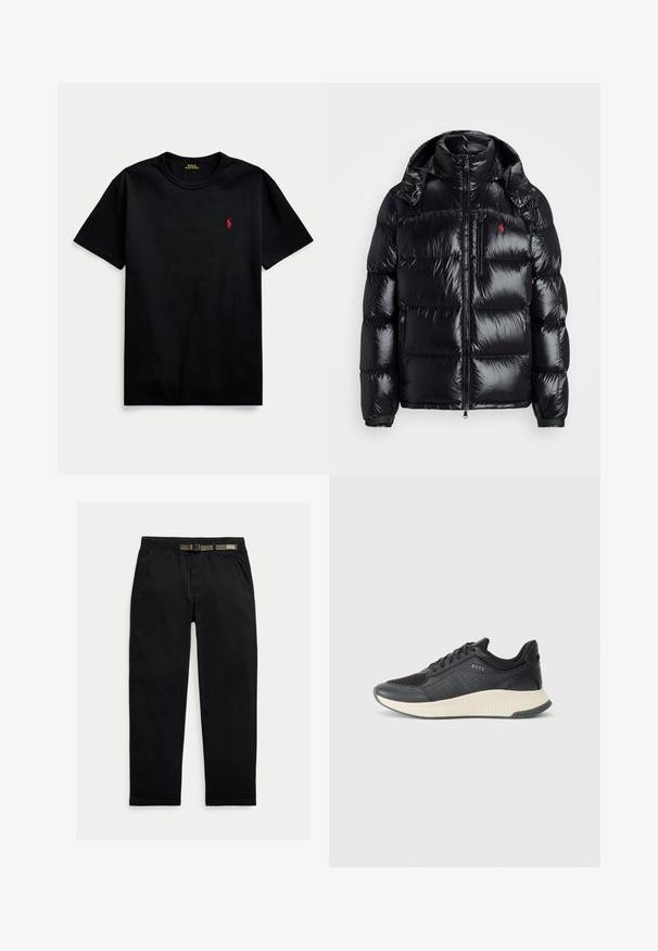 Černá péřová bunda s lesklým prošívaným designem. Obsahuje vysoký límec, dvě kapsy na zip a malé logo na hrudi.; Černé bavlněné tričko s krátkým rukávem, kulatým výstřihem a malým červeným vyšitým logem na levé straně hrudi. Hladká textura, neformální design.; Černé kalhoty vyrobené z lehkého materiálu, s elastickým pasem a integrovaným zeleným páskem, rovného střihu a bočními kapsami.; Černá sportovní teniska s mřížkovou svrchní částí s perforacemi, texturovanou mezipodešví v krémové barvě a gumovou podešví pro lepší trakci.