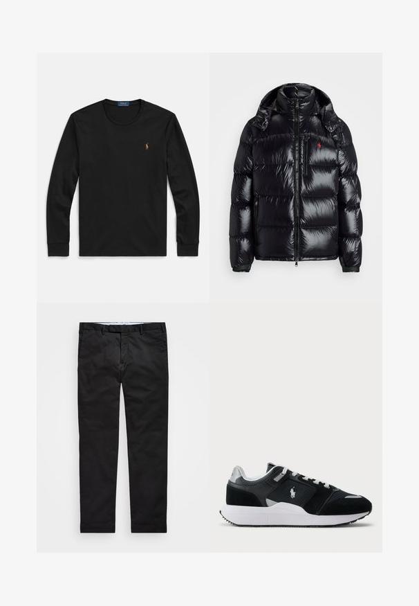 Fekete puffernadrág fényes, steppelt dizájnnal. Magas gallérral, két cipzáras zsebbel és egy kis logóval a mellen rendelkezik.; Fekete hosszú ujjú póló puha pamutból, kerek nyakkivágással és egy kis hímzett logóval a mellkason, színes részletekkel.; Fekete chinos, egyenes szárú fazonnal, pamut keverék anyagból készült, cipzáras zipzárral, övhurkokkal és oldalsó zsebekkel. Simaság jellemzi.; Fekete-fehér alacsony szárú sportcipő hálós és velúr felső résszel, fehér fűzőkkel, fehér talppal, és az oldalán egy polo játékos logóval.