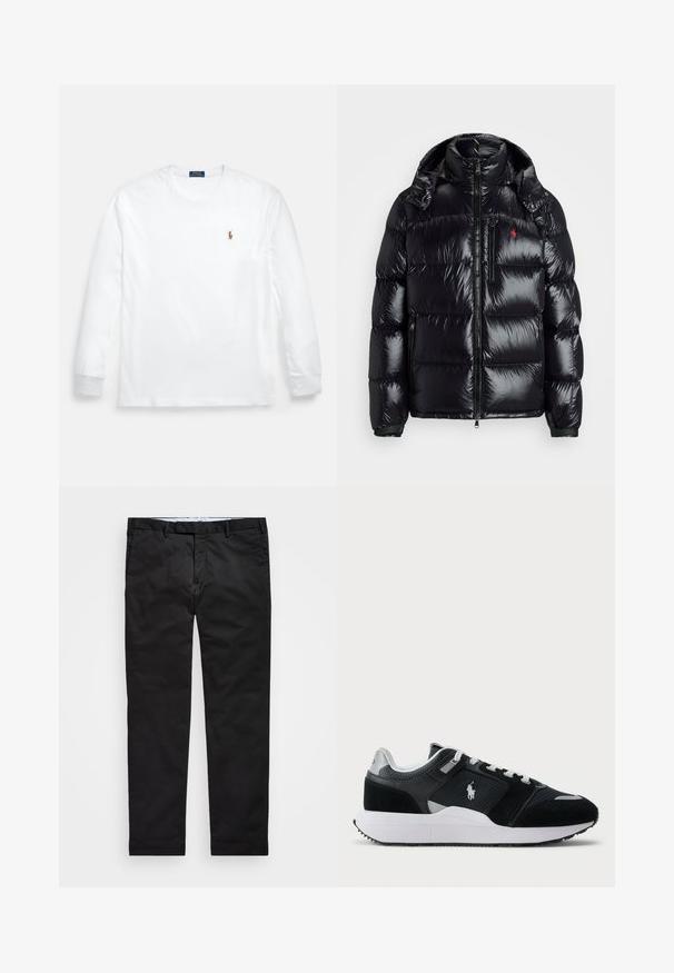 Casaco puffer preto com um design brilhante e acolchoado. Apresenta um colarinho alto, dois bolsos com zíper e um pequeno logótipo no peito.; T-shirt branca de manga comprida feita de algodão, com gola redonda e um pequeno logótipo bordado no lado esquerdo do peito. Textura suave, design simples.; Chinos pretos com um corte reto, feitos de tecido em mistura de algodão, apresentando fecho de zíper, passantes para cinto e bolsos laterais. Textura suave.; Sapatilha baixa em preto e branco com parte superior em malha e camurça, atacadores brancos, sola branca e um logo de jogador de polo na lateral.